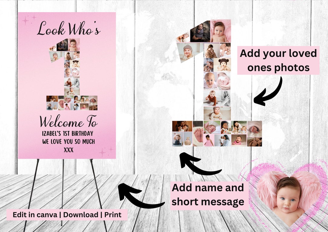 1st Birthday Girl Giant Collage Poster Board, Personalised, Display ...