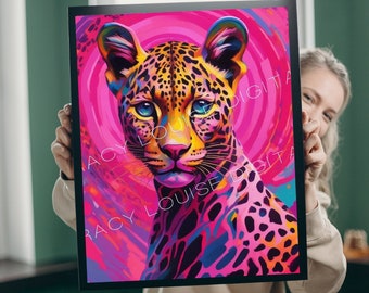 Neon Pink Leopard Art Print, Modern Wall Decor (Digital Download)