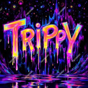 以下が含まれることがあります： 鮮やかなデジタルアート作品で、大胆でカラフルな文字で「Trippy」という言葉が描かれています。文字は黄色で縁取られ、ピンクとオレンジのグラデーションで塗りつぶされ、絵の具が滴り落ちるような効果があります。背景は黒で、カラフルなアクセントが施されています。