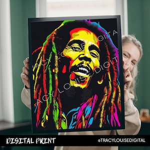 Digital Download, Neon artist poster bob marley, high quality Digital print JPG 23 print sizes