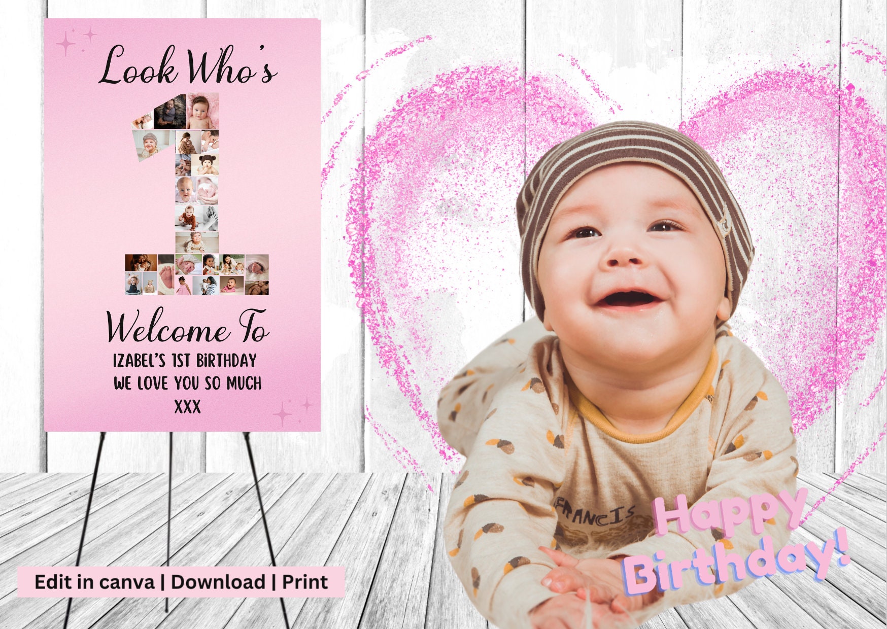 1st Birthday Girl Giant Collage Poster Board, Personalised, Display ...