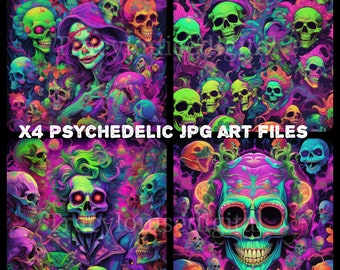 Puede incluir: Una impresión de arte digital que presenta un patrón psicodélico de calaveras y humo en colores vibrantes como verde, morado, rosa y azul. El texto "X4 PSYCHEDELIC JPG ART FILES" es visible en el centro de la imagen.