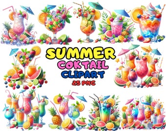 Watercolor Summer Cocktail Clipart: Signature Drink Menu (PNG)
