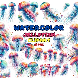 Aquarell Qualle Clipart: Meer Leben PNG Grafiken (Digital Download)