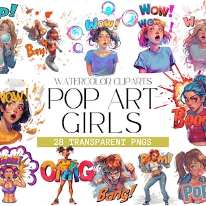 PopArt Girls Clipart, Akwarela Komiksowy Styl PNG, Art Girls Png Bundle, Pop Art Png, Pop Art Girl Png, Clip Art, Retro Comic, Comic Girl Png