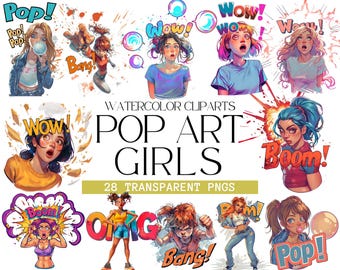 Watercolor Pop Art Girls Clipart: Retro Comic PNG Bundle (Digital Download)