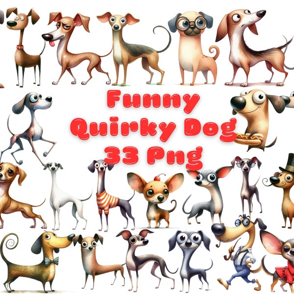 Quirky Dog Clipart PNG Bundle Whimsical Dogs Sublimation clip art animals Puppy Whimsy graphics Funny Pets elongated dog illustration
