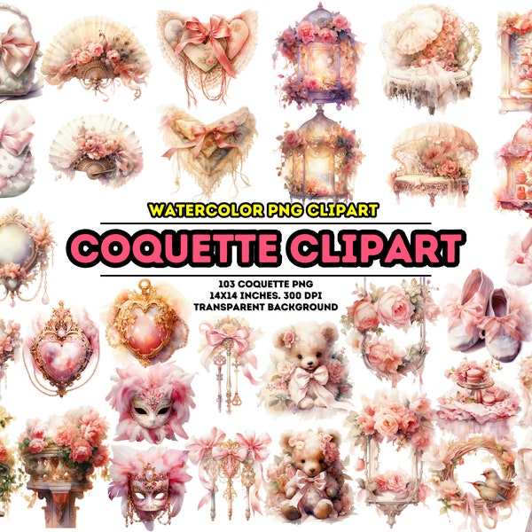 Pink Coquette Aesthetics Room Clipart PNG, Vintage Watercolor Clipart Bundle, Pink Room Decor Graphics, Aesthetic Ribbon Bow, Coquette Style