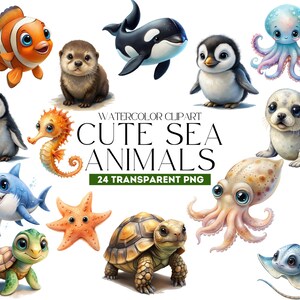 Ensemble de cliparts aquarelle animaux marins – 24 créatures océaniques mignonnes PNG pour enfants, baby shower, scrapbooking, art pour chambre d'enfant, motifs par sublimation