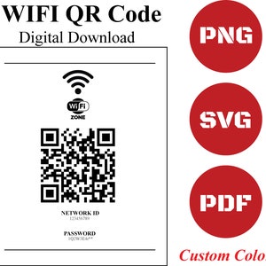 Op de afbeelding: Een printbare WiFi-QR-code met een zwart-witte QR-code, een WiFi-symbool en de tekst "Wi-Fi ZONE". De tekst "NETWORK ID 123456789" en "PASSWORD 1Q2W3E4r**" staat onder de QR-code. De afbeelding bevat ook drie rode cirkels met de tekst "PNG", "SVG" en "PDF" in wit. De tekst "Custom Colors" staat onder de cirkels.