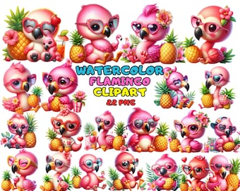 Conjunto de imágenes prediseñadas de flamencos en acuarela, gráficos PNG tropicales (descarga digital)