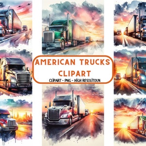 28 Aquarell Semi Truck Clipart, Clip Art amerikanischer Semi Truck Fahrzeuggrafiken, Traktoranhänger, klassischer amerikanischer LKW-Kommerzielle Nutzung PNG