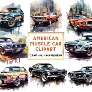 20 Clipart di muscle car americane PNG Clipart di muscle car retrò PNG Bundle, Immagini retrò leggendarie vintage anni '60 e '80 GT 390 Fast back