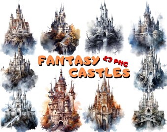 Watercolor Fantasy Castle Clipart: Fairy Tale Illustrations (Digital Download)
