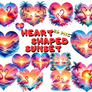 Pacote de clipart de pôr do sol em forma de coração, PNGs de pôr do sol de flamingo romântico Arte de praia tropical para sublimação, adesivos, 26 designs, download instantâneo