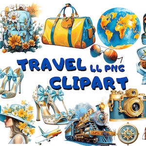 Clipart de viajes en acuarela, paquete de clipart de moda de viajes, ilustraciones de aventuras vacacionales, maleta y maquillaje, elementos de viajes por el mundo PNG