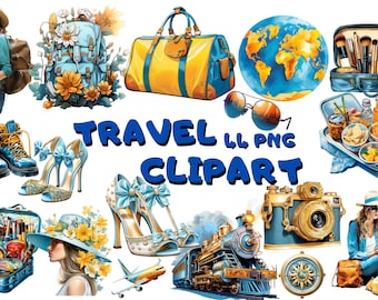 Watercolor Travel Clipart Bundle: Fashion Adventure Illustrations (PNG)