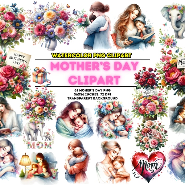 Watercolor Mother's Day Clipart | Painted Mother and Child Clipart | Mom and Child Illustrations | Instant Download for Commercial Use