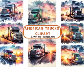 Watercolor Semi Truck Clipart: American Truck Illustrations (PNG Digital Download)
