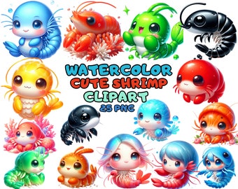 Watercolor Cute Shrimp Clipart, 11 High Quality JPG, Cute Shrimp Clipart Pack, Coastal Kitchen Decor, Seafood Art, Printable, Commercial Use