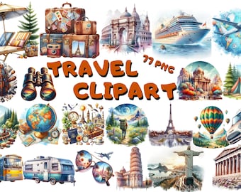 Watercolor Travel Clipart Bundle: Landmark Illustrations (77 PNG) (Digital Download)