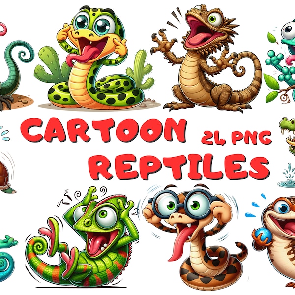 Cute Funny Cartoon Reptiles Clipart, Chameleon, Lizard, Snake, Turtle, Tortoise, Iguana, Animal Illustration, Instant Download, Reptiles PNG
