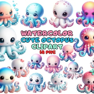 Watercolor Cute Octopuses Clipart Bundle PNG Octopus Images, Beautiful Underwater Graphics, Instant Digital Download, Commercial Use
