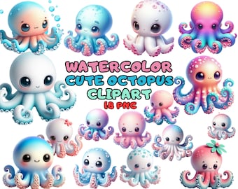 Watercolor Cute Octopuses Clipart Bundle PNG Octopus Images, Beautiful Underwater Graphics, Instant Digital Download, Commercial Use