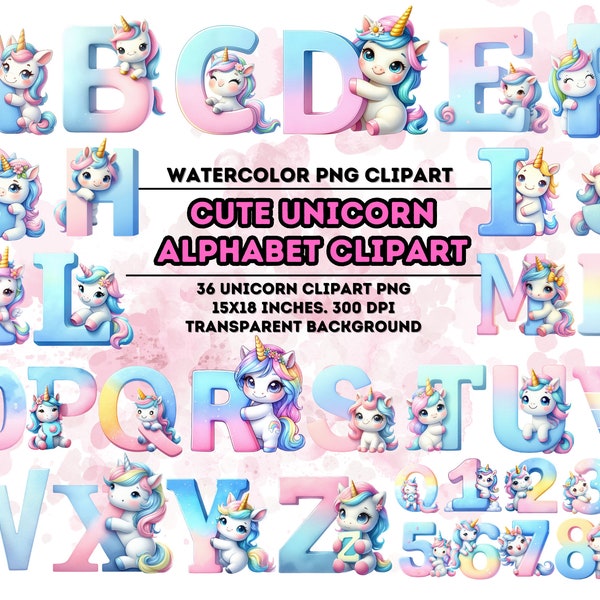 36 Cute Unicorn Alphabet PNG, Unicorn Letter, Unicorn PNG, Watercolor Unicorn, Baby Unicorn, Letters Clipart, Unicorn Gift, Alphabet Clipart