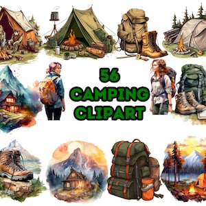 Colección de acuarelas de campamentos, 24 imágenes prediseñadas de paisajes de montaña PNG, ilustraciones de campamentos, carpas, fogatas, lagos PNG, uso comercial