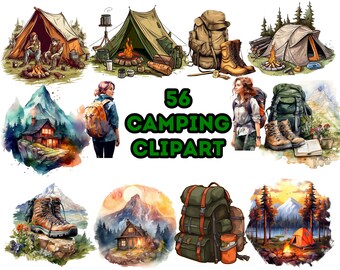 Aquarell Camping Clipart: Berg, Zelt, Lagerfeuer (PNG, Kommerzielle Nutzung)