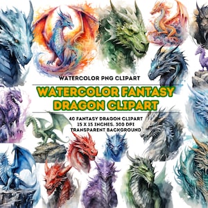 Watercolor Fantasy Dragons Watercolor Clipart Fantasy Dragons PNG, Magical Fairytale Instant Download Paper Crafts Junk Journal Scrapbooking