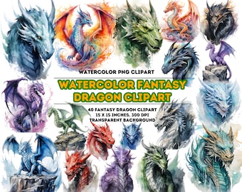 Watercolor Fantasy Dragons Clipart: Magical PNG Images (Digital Download)