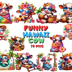 面白いハワイの牛 PNG バンドル、クールな牛のクリップアート、面白い牛のクリップアート、感情的な牛、牛の昇華デザイン デジタル ダウンロード、マグ ファーム デザイン