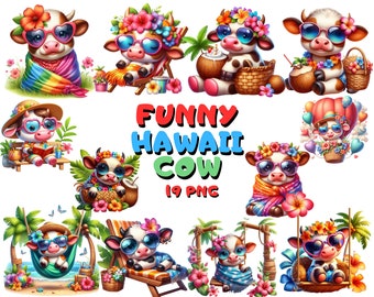 Funny Hawaii Cow PNG Clipart Bundle: Tropical Farm Design (Digital Download)