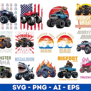 May include: A set of 10 digital designs featuring monster trucks with various themes, including "Monster Truck", "Monster Mom", "Monster Dad", "Megalodon", "Bigfoot", and "Girls Trucks". The designs are in a cartoon style and feature bright colors.
