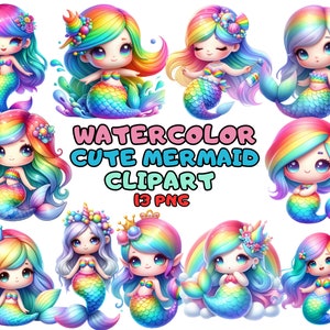 Watercolor Cute Mermaid Clipart Bundle Whimsical Little Mermaid Clipart Mermaid Clipart PNG Sea Life, Instant Download Images Commercial Use