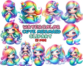 Watercolor Cute Mermaid Clipart Bundle Whimsical Little Mermaid Clipart Mermaid Clipart PNG Sea Life, Instant Download Images Commercial Use