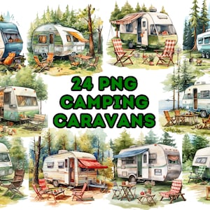 Aquarell Camping Wohnwagen Clipart, Aquarell niedlichen Wohnwagen PNG Digital Clip Art, Urlaub Clipart Bundle, Camping Reisen Illustrationen