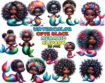 Watercolor Black Mermaid Clipart, Cute Afro Mermaid Designs, Kids Mermaid Art, Colorful Mermaid PNGs, Digital Art Pack, Tropical Mermaid