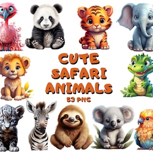 Cute Safari Animals PNG, Safari Animals Clipart Watercolor, jungle safari png, baby safari animals PNG, baby shower, cute animals png