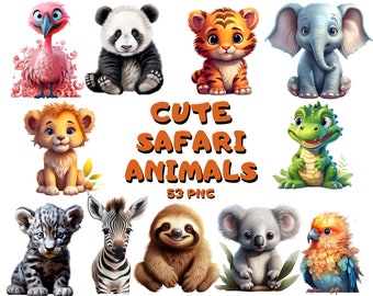 May include: A collection of cartoon safari animals, including a flamingo, panda, tiger, elephant, lion, alligator, leopard, zebra, sloth, koala, and parrot. The text "Cute Safari Animals" is displayed in orange, with "53 PNG" below.