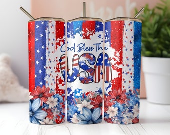 4 juli 20oz smal tumbler sublimeringsdesign Gud välsigne USA röd vit blå flagga patriotisk för 20 oz tumblerdesign - PNG