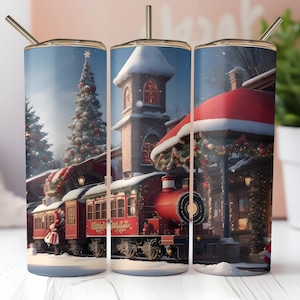 Cute Christmas Tumbler Wrap Straight & Tapered Wrap PNG Sublimation Design, instant Digital Download, Christmas Train 20 oz Tumbler Wrap