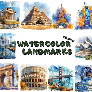 Clipart de Marcos de Aquarela | Torre Eiffel, Taj Mahal, Estátua da Liberdade, Ilustrações do Coliseu | Download instantâneo para uso comercial