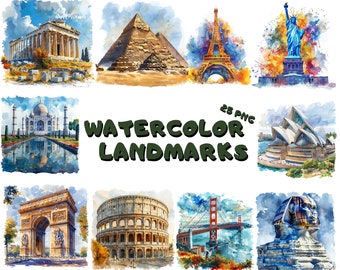 Clipart aquarel bezienswaardigheden: reisillustraties (directe download)