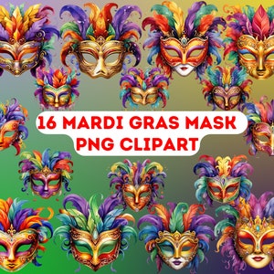Mardi Gras Mask Clipart: 16 Carnival Mask PNG Designs (Digital Download)