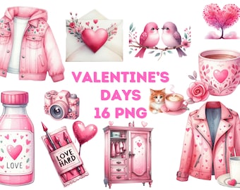 May include: Watercolor illustrations of Valentine's Day themed items. Includes pink jackets, a camera, a bottle, a coffee cup, a wardrobe, a love letter, birds, a cat, a tree, and a set of paintbrushes with a heart balloon.