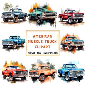 20 Clipart PNG di camion muscoloso americano ad acquerello, fuoristrada 4x4, camion americani, muscle car, clipart di auto d'epoca, PNG di auto, design a sublimazione