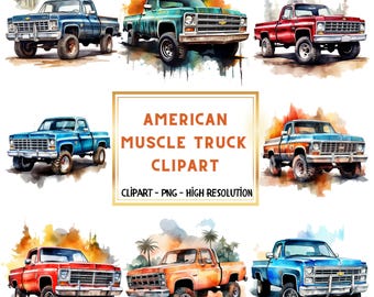 20 Watercolor American Muscle Truck PNG Clipart, Instant Download, 4x4 Offroad, American Trucks, Muscle Car,Vintage Car Clipart, Car PNG